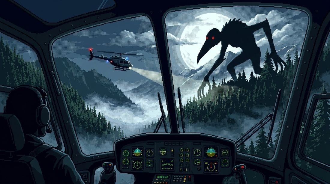 La forma gigante vista desde la cabina del helicóptero