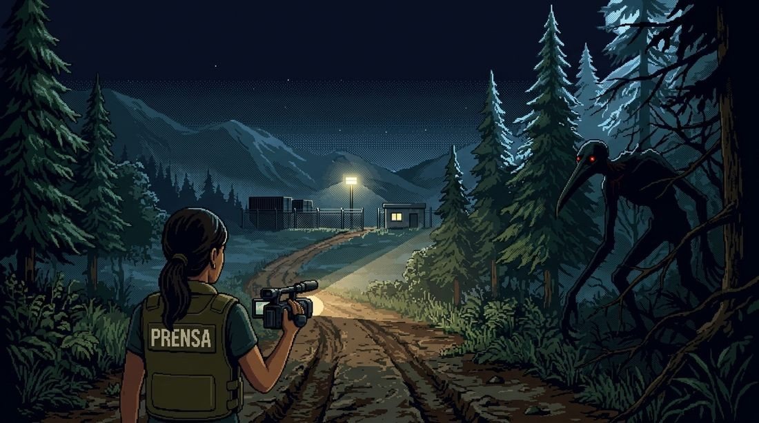 Sara de espaldas en la trocha, con el complejo al fondo y una silueta que la observa